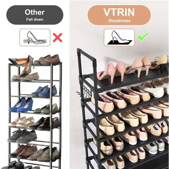 Tall Shoe Rack 10 Tier Storage Organizer Holds 50 Pairs Metal Shelf Black - Picture 6 of 7